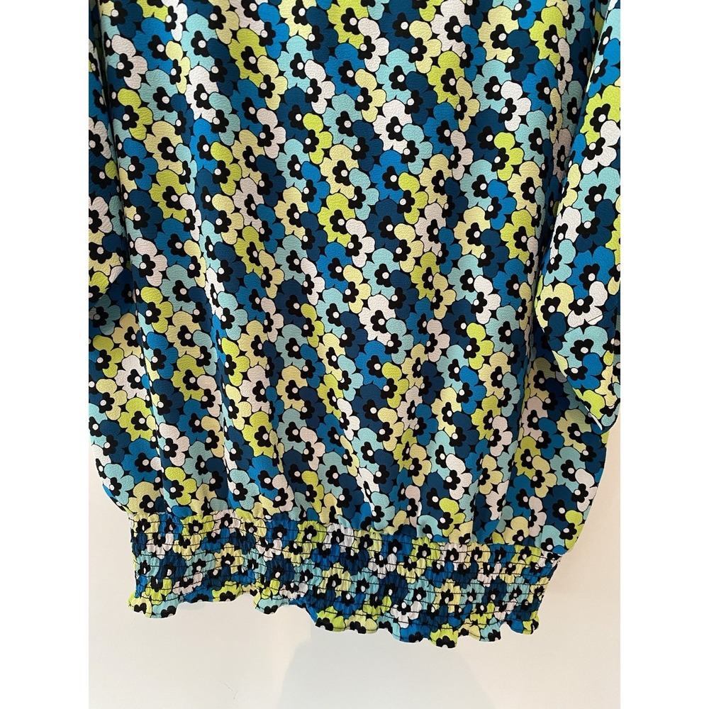 Michael Kors Short Sleeve Blouse Sz Large Smocked Hem Blue Teal Floral Designer - Picture 7 of 9